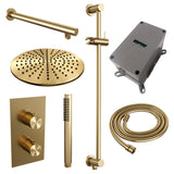BRAUER Gold Edition thermostatische inbouw regendouche 3-weg omstelling SET 38 met 30 cm douchekop en rechte muurarm en staaf handdouche en doucheslang en geïntegreerde glijstang goud geborsteld PVD