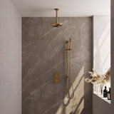 BRAUER Gold Edition thermostatische inbouw regendouche 3-weg omstelling SET 41 met 20 cm douchekop en plafondarm en staaf handdouche en doucheslang en geïntegreerde glijstang goud geborsteld PVD