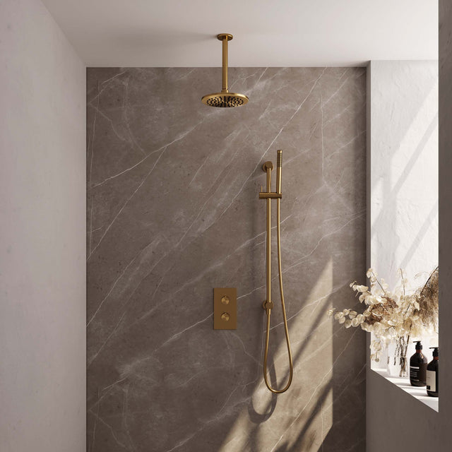 BRAUER Gold Edition thermostatische inbouw regendouche 3-weg omstelling SET 41 met 20 cm douchekop en plafondarm en staaf handdouche en doucheslang en geïntegreerde glijstang goud geborsteld PVD