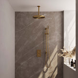 BRAUER Gold Edition thermostatische inbouw regendouche 3-weg omstelling SET 42 met 30 cm douchekop en plafondarm en staaf handdouche en doucheslang en geïntegreerde glijstang goud geborsteld PVD