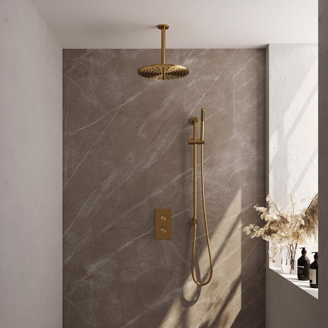BRAUER Gold Edition thermostatische inbouw regendouche 3-weg omstelling SET 42 met 30 cm douchekop en plafondarm en staaf handdouche en doucheslang en geïntegreerde glijstang goud geborsteld PVD