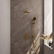 BRAUER Gold Edition thermostatische inbouw regendouche 3-weg omstelling SET 45 met 20 cm douchekop en gebogen muurarm en 3-standen handdouche en doucheslang en geïntegreerde glijstang goud geborsteld PVD
