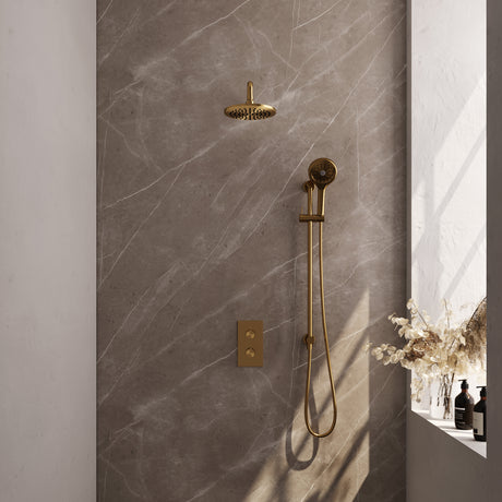 BRAUER Gold Edition thermostatische inbouw regendouche 3-weg omstelling SET 45 met 20 cm douchekop en gebogen muurarm en 3-standen handdouche en doucheslang en geïntegreerde glijstang goud geborsteld PVD
