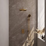 BRAUER Gold Edition thermostatische inbouw regendouche 3-weg omstelling SET 46 met 30 cm douchekop en gebogen muurarm en 3-standen handdouche en doucheslang en geïntegreerde glijstang goud geborsteld PVD
