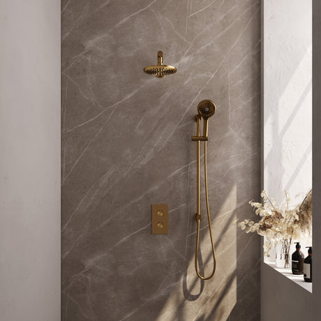 BRAUER Gold Edition thermostatische inbouw regendouche 3-weg omstelling SET 43 met 20 cm douchekop en rechte muurarm en 3-standen handdouche en doucheslang en geïntegreerde glijstang goud geborsteld PVD