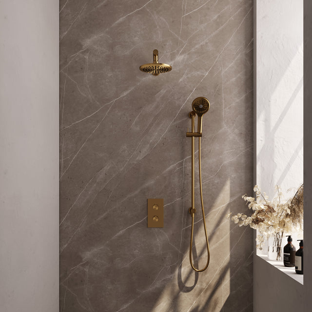 BRAUER Gold Edition thermostatische inbouw regendouche 3-weg omstelling SET 43 met 20 cm douchekop en rechte muurarm en 3-standen handdouche en doucheslang en geïntegreerde glijstang goud geborsteld PVD