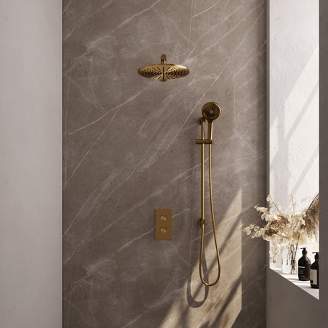 BRAUER Gold Edition thermostatische inbouw regendouche 3-weg omstelling SET 44 met 30 cm douchekop en rechte muurarm en 3-standen handdouche en doucheslang en geïntegreerde glijstang goud geborsteld PVD