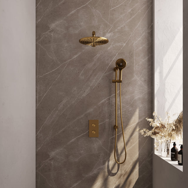 BRAUER Gold Edition thermostatische inbouw regendouche 3-weg omstelling SET 44 met 30 cm douchekop en rechte muurarm en 3-standen handdouche en doucheslang en geïntegreerde glijstang goud geborsteld PVD