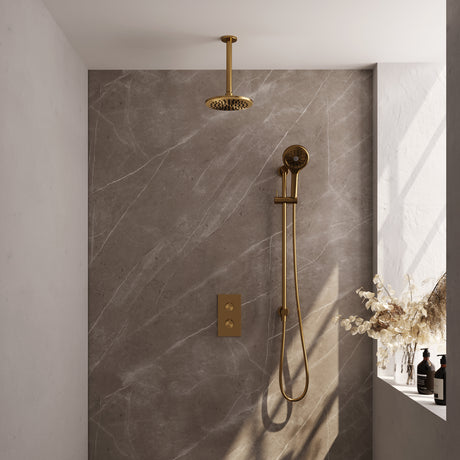 BRAUER Gold Edition thermostatische inbouw regendouche 3-weg omstelling SET 47 met 20 cm douchekop en plafondarm en 3-standen handdouche en doucheslang en geïntegreerde glijstang goud geborsteld PVD