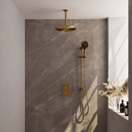 BRAUER Gold Edition thermostatische inbouw regendouche 3-weg omstelling SET 48 met 30 cm douchekop en plafondarm en 3-standen handdouche en doucheslang en geïntegreerde glijstang goud geborsteld PVD