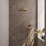 BRAUER Gold Edition thermostatische inbouw regendouche SET 10 met 30 cm douchekop en gebogen muurarm en 3-standen handdouche en doucheslang en wandaansluitbocht goud geborsteld PVD
