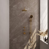 BRAUER Gold Edition thermostatische inbouw regendouche SET 21 met 20 cm douchekop en gebogen muurarm en 3-standen handdouche en doucheslang en geïntegreerde glijstang goud geborsteld PVD