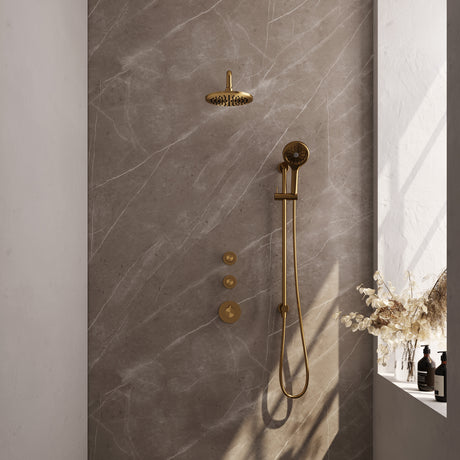 BRAUER Gold Edition thermostatische inbouw regendouche SET 21 met 20 cm douchekop en gebogen muurarm en 3-standen handdouche en doucheslang en geïntegreerde glijstang goud geborsteld PVD