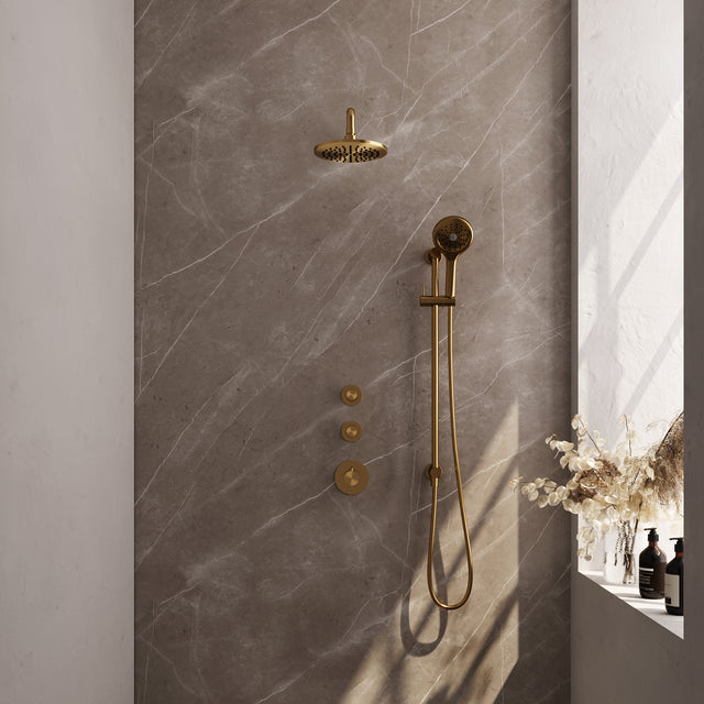 BRAUER Gold Edition thermostatische inbouw regendouche SET 21 met 20 cm douchekop en gebogen muurarm en 3-standen handdouche en doucheslang en geïntegreerde glijstang goud geborsteld PVD