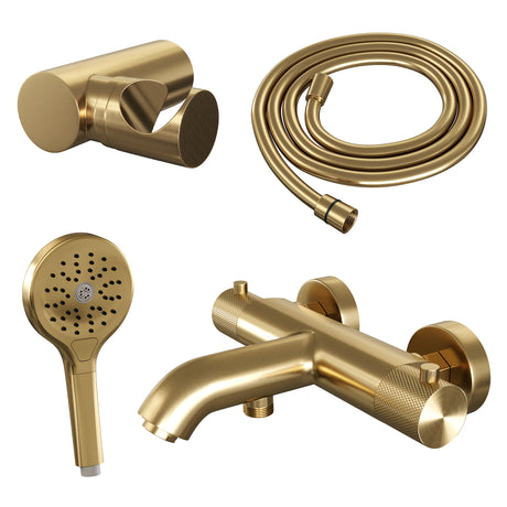 BRAUER Gold Carving opbouw baddouche thermostaatkraan SET 04 met wandhouder en 3-standen handdouche en doucheslang goud geborsteld PVD