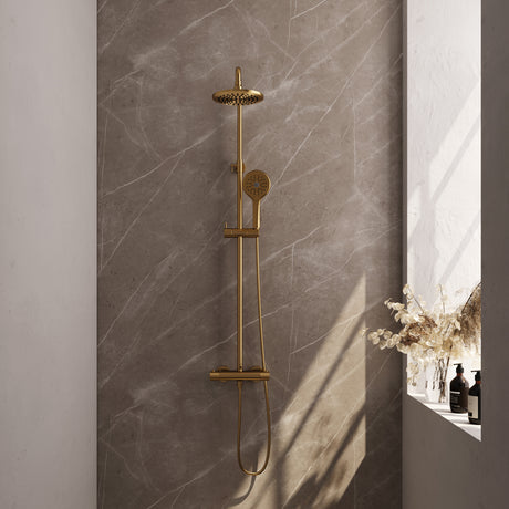 BRAUER Gold Carving opbouw thermostatische regendouche SET 02 met 20 cm douchekop en 3-standen handdouche en doucheslang goud geborsteld PVD