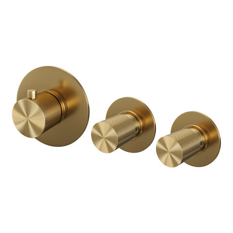 BRAUER Gold Carving thermostatische inbouw badkraan SET 01 met uitloop en staaf handdouche en doucheslang en wandaansluitbocht goud geborsteld PVD