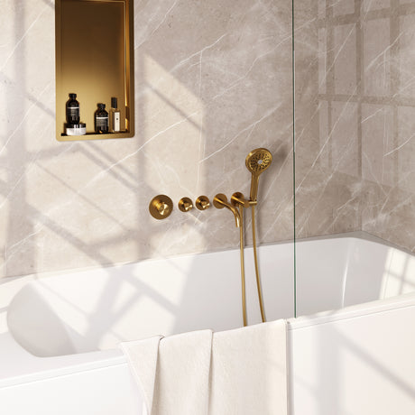 BRAUER Gold Carving thermostatische inbouw badkraan SET 02 met uitloop en 3-standen handdouche en doucheslang en wandaansluitbocht goud geborsteld PVD