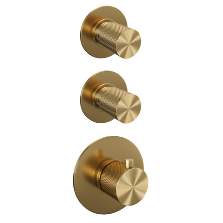 BRAUER Gold Carving thermostatische inbouw regendouche SET 01 met 20 cm douchekop en rechte muurarm en staaf handdouche en doucheslang en wandaansluitbocht goud geborsteld PVD