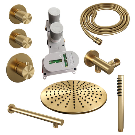 BRAUER Gold Carving thermostatische inbouw regendouche SET 02 met 30 cm douchekop en rechte muurarm en staaf handdouche en doucheslang en wandaansluitbocht goud geborsteld PVD
