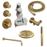 BRAUER Gold Carving thermostatische inbouw regendouche SET 03 met 20 cm douchekop en gebogen muurarm en staaf handdouche en doucheslang en wandaansluitbocht goud geborsteld PVD