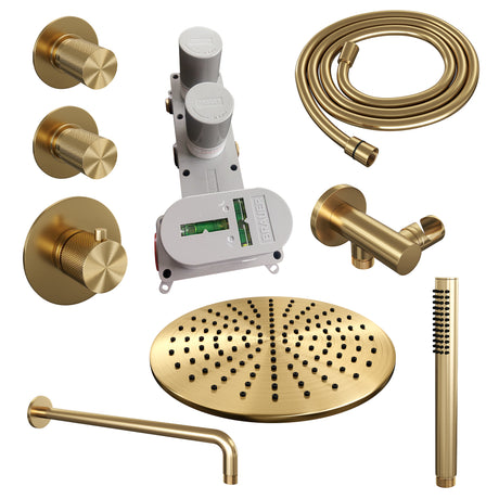 BRAUER Gold Carving thermostatische inbouw regendouche SET 04 met 30 cm douchekop en gebogen muurarm en staaf handdouche en doucheslang en wandaansluitbocht goud geborsteld PVD