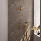 BRAUER Gold Carving thermostatische inbouw regendouche SET 07 met 20 cm douchekop en rechte muurarm en 3-standen handdouche en doucheslang en wandaansluitbocht goud geborsteld PVD