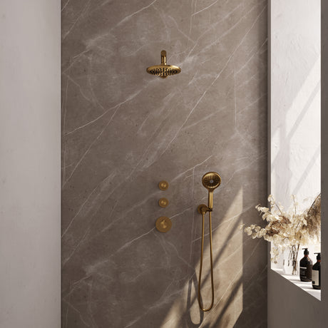 BRAUER Gold Carving thermostatische inbouw regendouche SET 07 met 20 cm douchekop en rechte muurarm en 3-standen handdouche en doucheslang en wandaansluitbocht goud geborsteld PVD