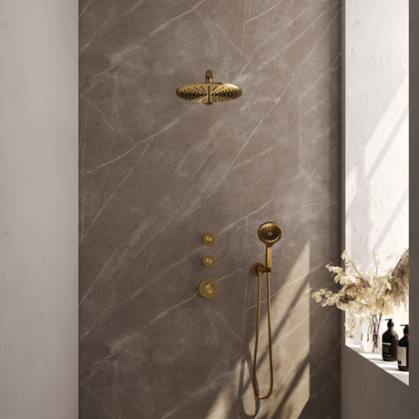 BRAUER Gold Carving thermostatische inbouw regendouche SET 08 met 30 cm douchekop en rechte muurarm en 3-standen handdouche en doucheslang en wandaansluitbocht goud geborsteld PVD