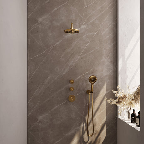 BRAUER Gold Carving thermostatische inbouw regendouche SET 09 met 20 cm douchekop en gebogen muurarm en 3-standen handdouche en doucheslang en wandaansluitbocht goud geborsteld PVD