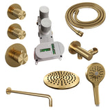 BRAUER Gold Carving thermostatische inbouw regendouche SET 09 met 20 cm douchekop en gebogen muurarm en 3-standen handdouche en doucheslang en wandaansluitbocht goud geborsteld PVD