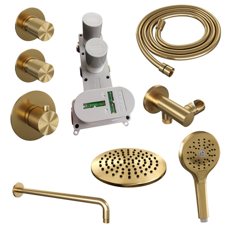 BRAUER Gold Carving thermostatische inbouw regendouche SET 09 met 20 cm douchekop en gebogen muurarm en 3-standen handdouche en doucheslang en wandaansluitbocht goud geborsteld PVD