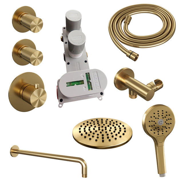 BRAUER Gold Carving thermostatische inbouw regendouche SET 09 met 20 cm douchekop en gebogen muurarm en 3-standen handdouche en doucheslang en wandaansluitbocht goud geborsteld PVD