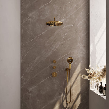 BRAUER Gold Carving thermostatische inbouw regendouche SET 10 met 30 cm douchekop en gebogen muurarm en 3-standen handdouche en doucheslang en wandaansluitbocht goud geborsteld PVD