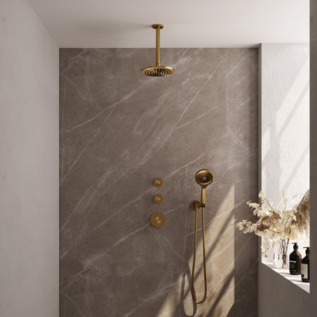 BRAUER Gold Carving thermostatische inbouw regendouche SET 11 met 20 cm douchekop en plafondarm en 3-standen handdouche en doucheslang en wandaansluitbocht goud geborsteld PVD