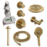 BRAUER Gold Carving thermostatische inbouw regendouche SET 11 met 20 cm douchekop en plafondarm en 3-standen handdouche en doucheslang en wandaansluitbocht goud geborsteld PVD