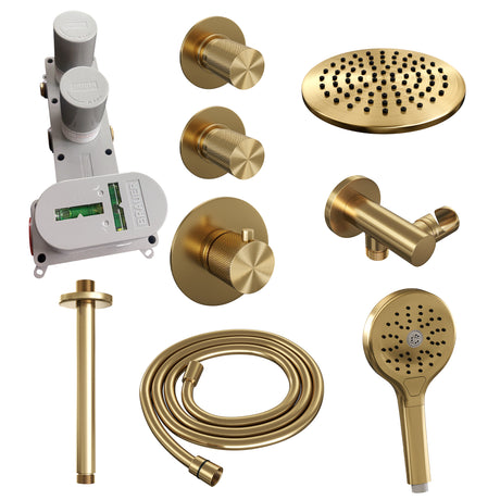 BRAUER Gold Carving thermostatische inbouw regendouche SET 11 met 20 cm douchekop en plafondarm en 3-standen handdouche en doucheslang en wandaansluitbocht goud geborsteld PVD