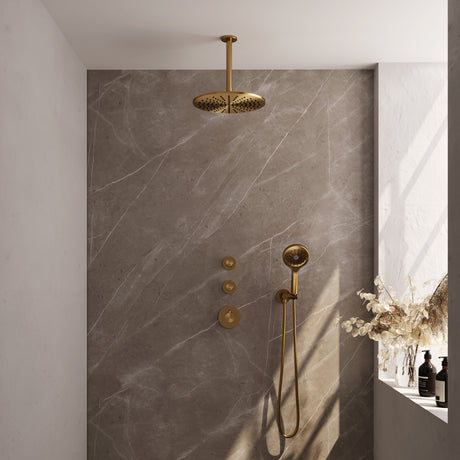 BRAUER Gold Carving thermostatische inbouw regendouche SET 12 met 30 cm douchekop en plafondarm en 3-standen handdouche en doucheslang en wandaansluitbocht goud geborsteld PVD