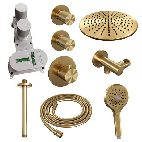BRAUER Gold Carving thermostatische inbouw regendouche SET 12 met 30 cm douchekop en plafondarm en 3-standen handdouche en doucheslang en wandaansluitbocht goud geborsteld PVD