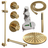 BRAUER Gold Carving thermostatische inbouw regendouche SET 14 met 30 cm douchekop en rechte muurarm en staaf handdouche en doucheslang en geïntegreerde glijstang goud geborsteld PVD