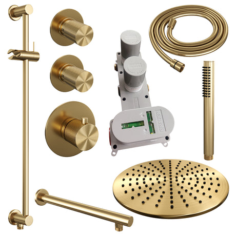 BRAUER Gold Carving thermostatische inbouw regendouche SET 14 met 30 cm douchekop en rechte muurarm en staaf handdouche en doucheslang en geïntegreerde glijstang goud geborsteld PVD