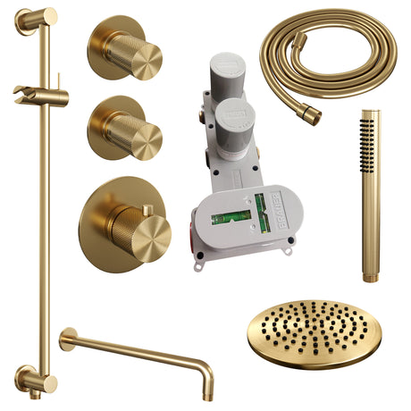 BRAUER Gold Carving thermostatische inbouw regendouche SET 15 met 20 cm douchekop en gebogen muurarm en staaf handdouche en doucheslang en geïntegreerde glijstang goud geborsteld PVD