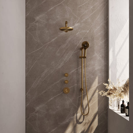 BRAUER Gold Carving thermostatische inbouw regendouche SET 19 met 20 cm douchekop en rechte muurarm en 3-standen handdouche en doucheslang en geïntegreerde glijstang goud geborsteld PVD