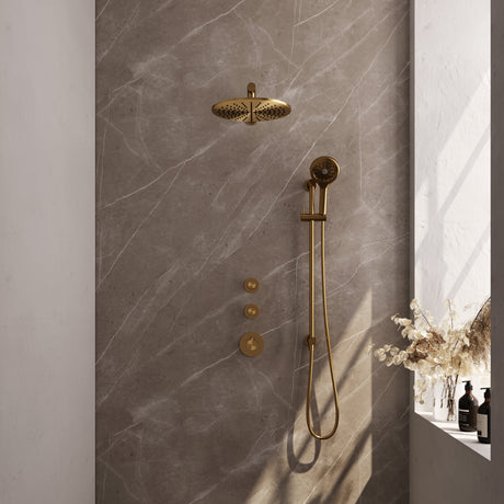 BRAUER Gold Carving thermostatische inbouw regendouche SET 20 met 30 cm douchekop en rechte muurarm en 3-standen handdouche en doucheslang en geïntegreerde glijstang goud geborsteld PVD