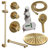 BRAUER Gold Carving thermostatische inbouw regendouche SET 20 met 30 cm douchekop en rechte muurarm en 3-standen handdouche en doucheslang en geïntegreerde glijstang goud geborsteld PVD
