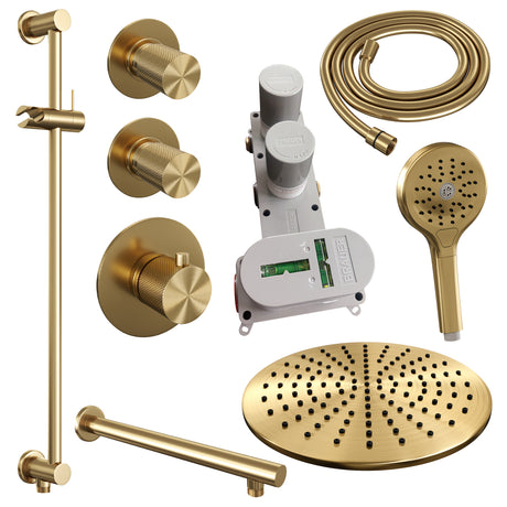 BRAUER Gold Carving thermostatische inbouw regendouche SET 20 met 30 cm douchekop en rechte muurarm en 3-standen handdouche en doucheslang en geïntegreerde glijstang goud geborsteld PVD