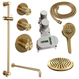 BRAUER Gold Carving thermostatische inbouw regendouche SET 21 met 20 cm douchekop en gebogen muurarm en 3-standen handdouche en doucheslang en geïntegreerde glijstang goud geborsteld PVD