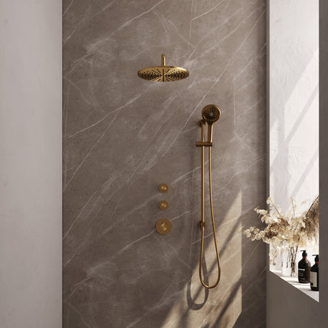 BRAUER Gold Carving thermostatische inbouw regendouche SET 22 met 30 cm douchekop en gebogen muurarm en 3-standen handdouche en doucheslang en geïntegreerde glijstang goud geborsteld PVD