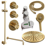 BRAUER Gold Carving thermostatische inbouw regendouche SET 22 met 30 cm douchekop en gebogen muurarm en 3-standen handdouche en doucheslang en geïntegreerde glijstang goud geborsteld PVD
