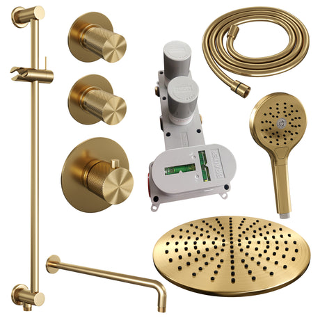 BRAUER Gold Carving thermostatische inbouw regendouche SET 22 met 30 cm douchekop en gebogen muurarm en 3-standen handdouche en doucheslang en geïntegreerde glijstang goud geborsteld PVD
